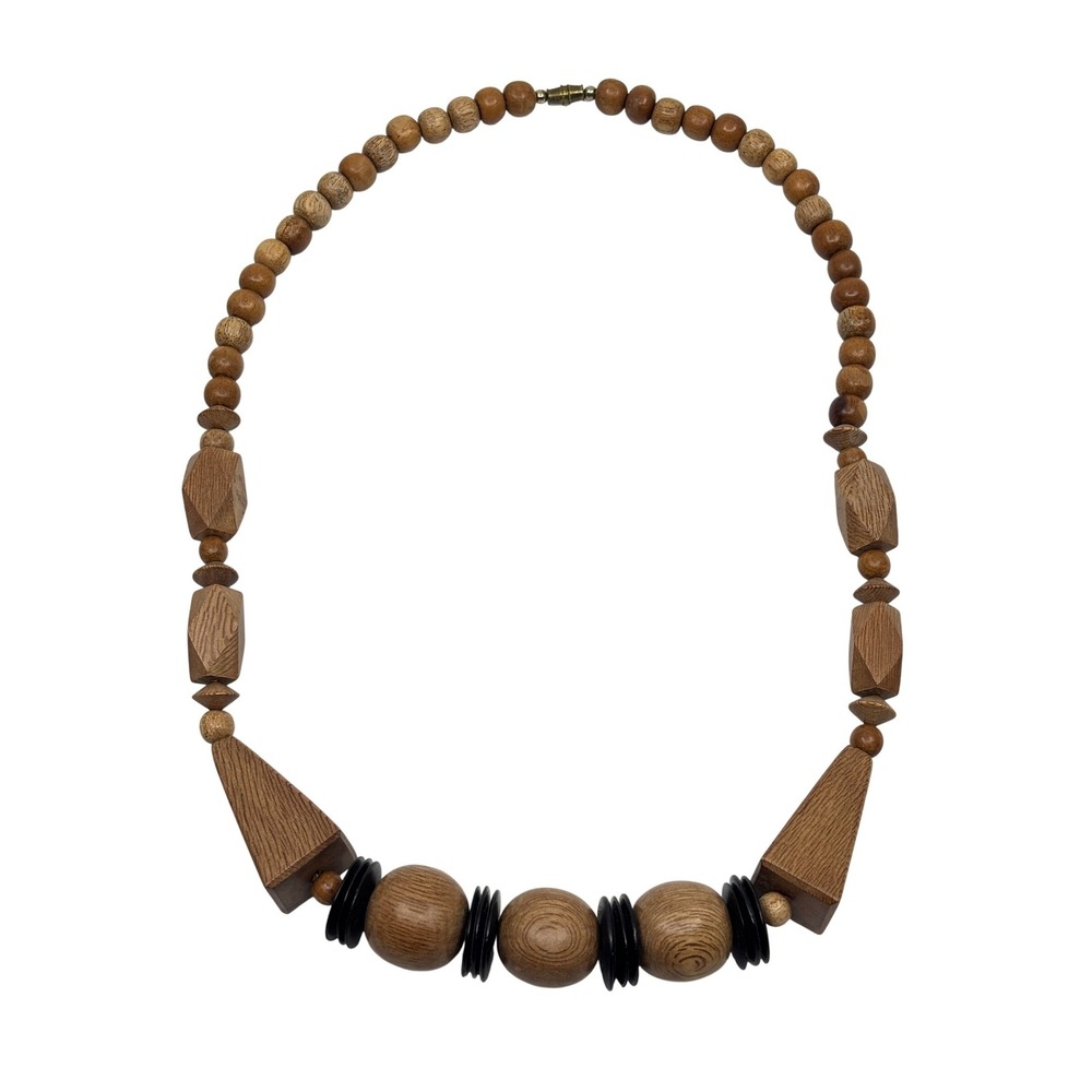Vintage Chunky Geometric Wood Bead Statement Necklace Brown Black
